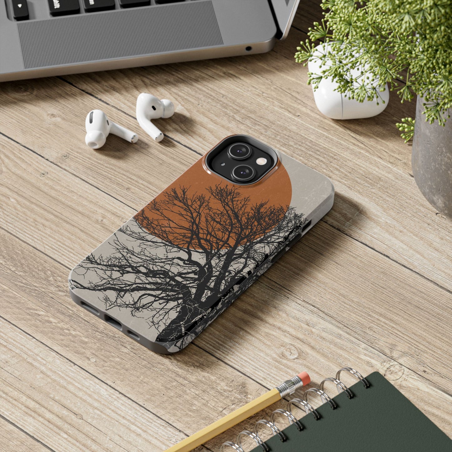 Artistic Tough Phone Case with Tree and Sunset Design