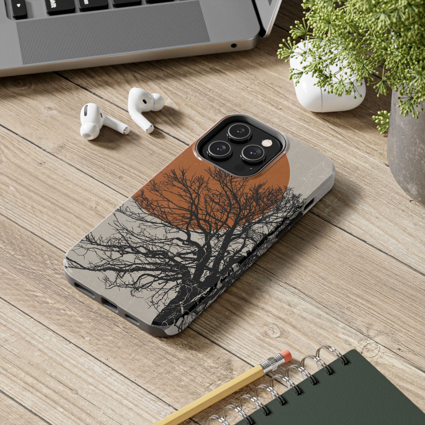 Artistic Tough Phone Case with Tree and Sunset Design