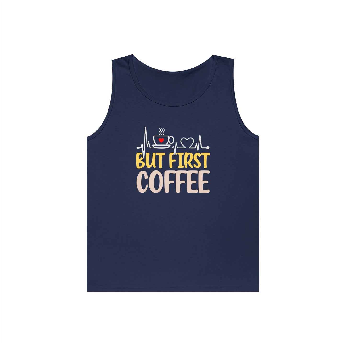 Unisex Heavy Cotton Tank Top - 'But First Coffee' Graphic Tee