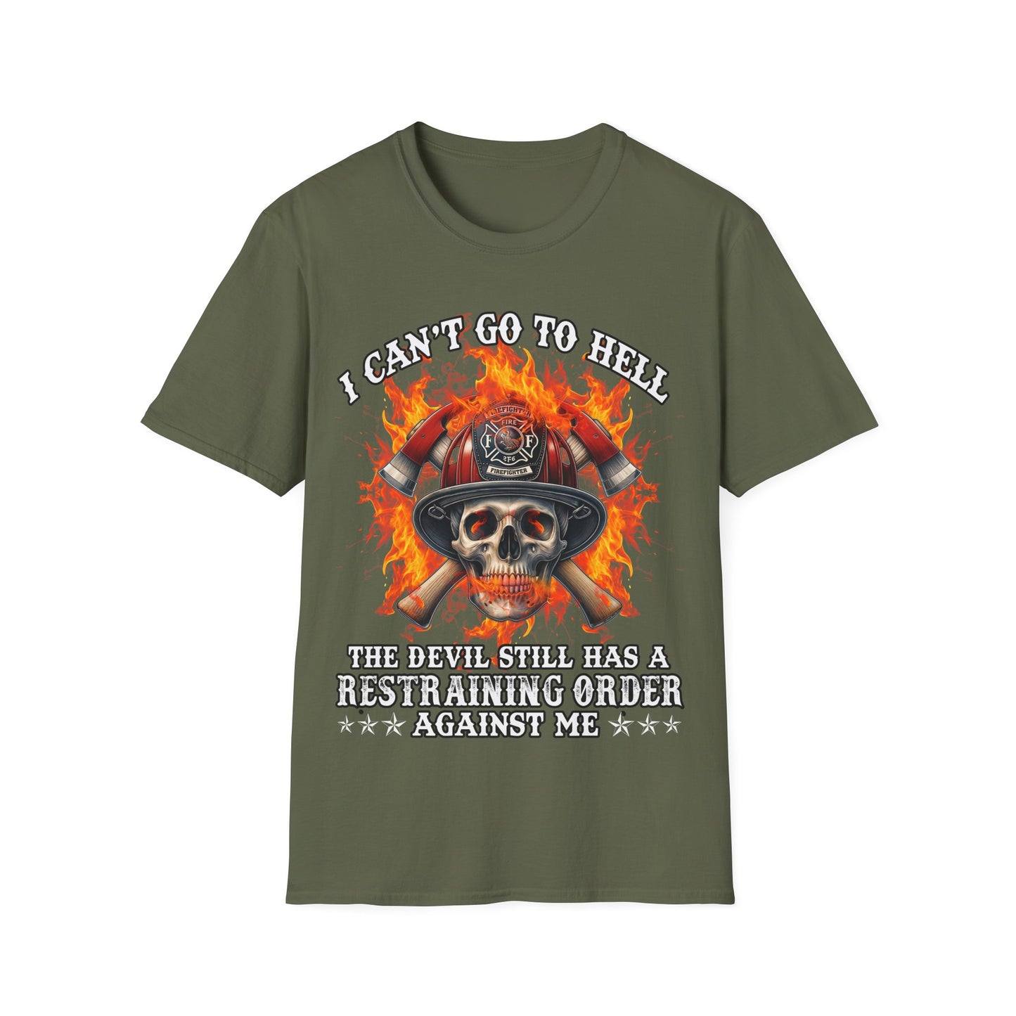 Unisex Softstyle T-Shirt: "I Can't Go to Hell - The Devil Has a Restraining Order" Graphic Tee