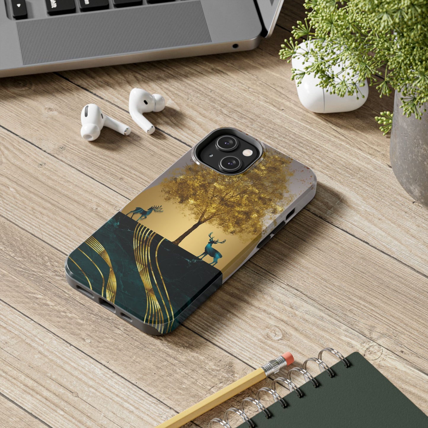 Elegant Wilderness Tough Phone Case - Golden Tree & Deer Design