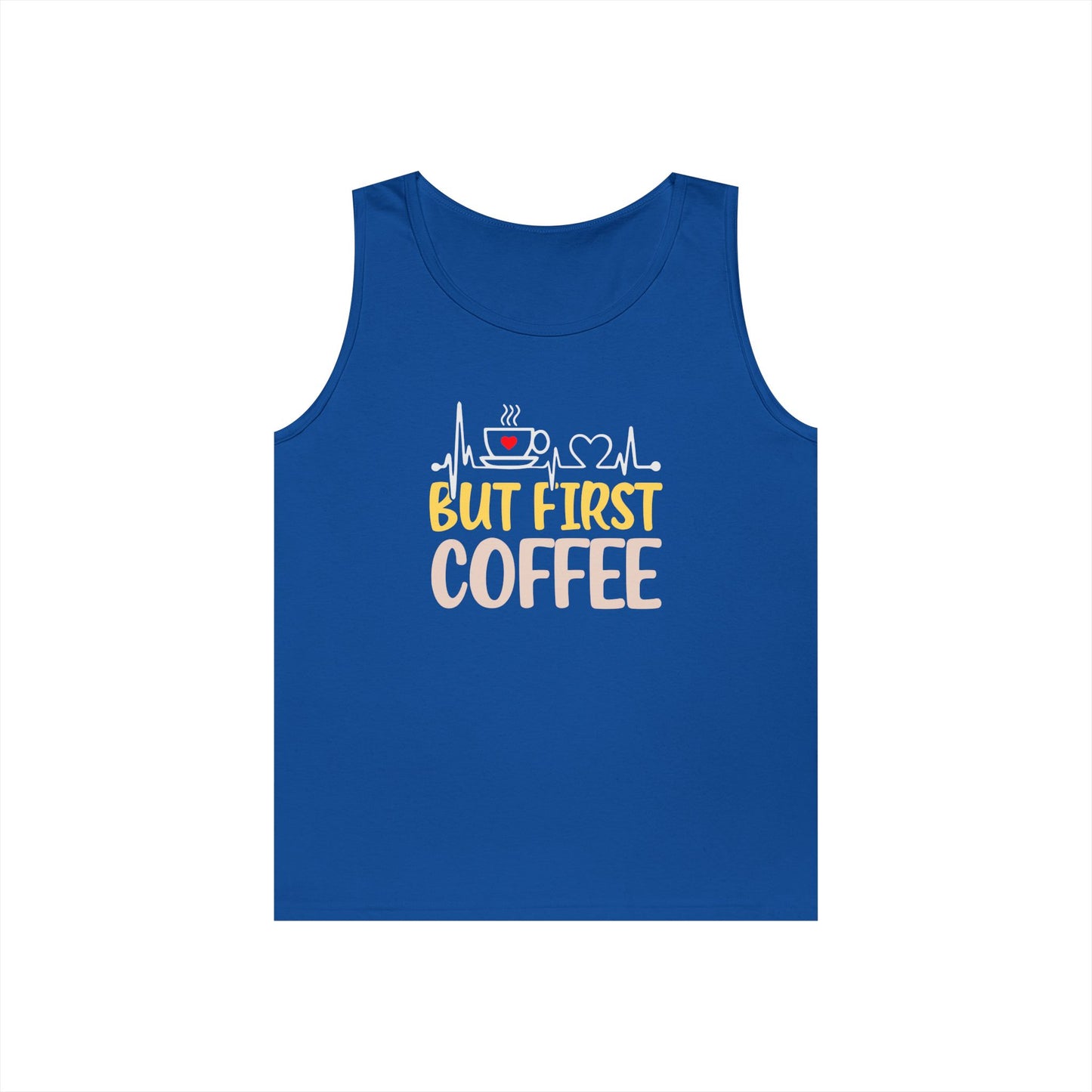 Unisex Heavy Cotton Tank Top - 'But First Coffee' Graphic Tee