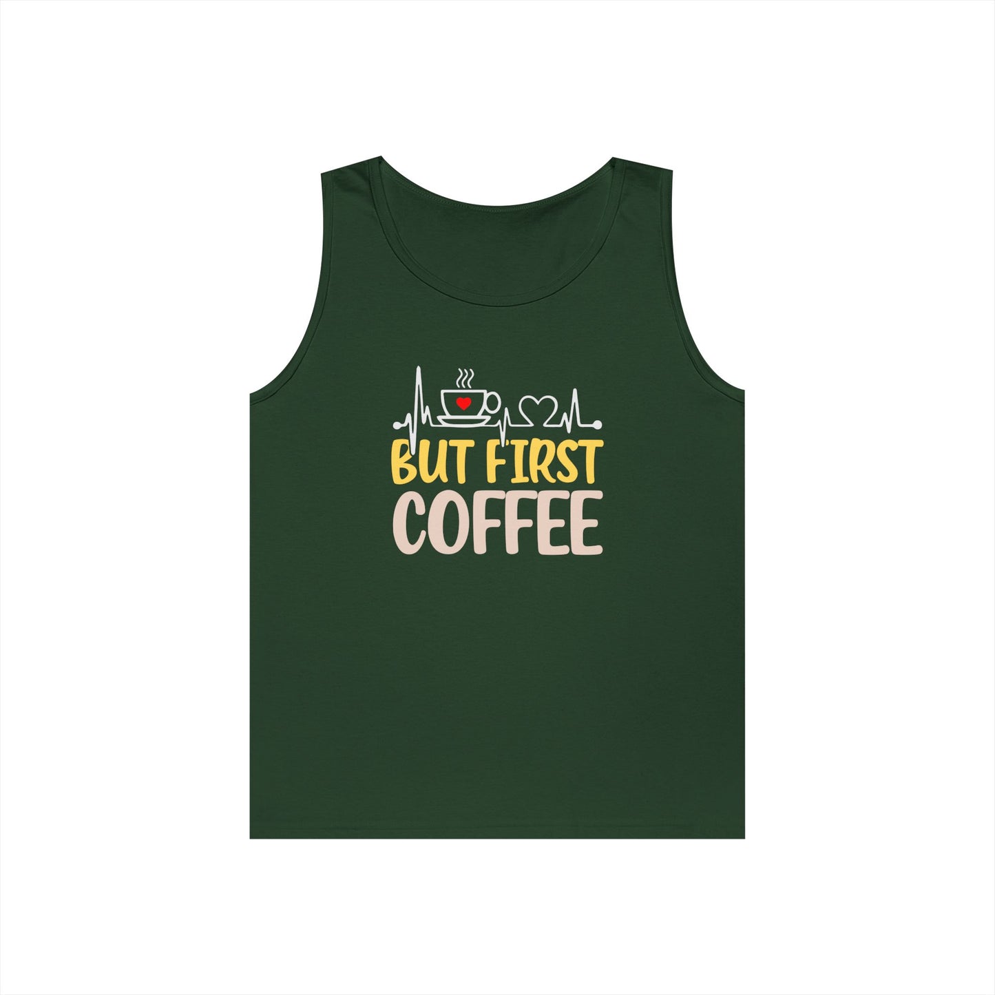Unisex Heavy Cotton Tank Top - 'But First Coffee' Graphic Tee