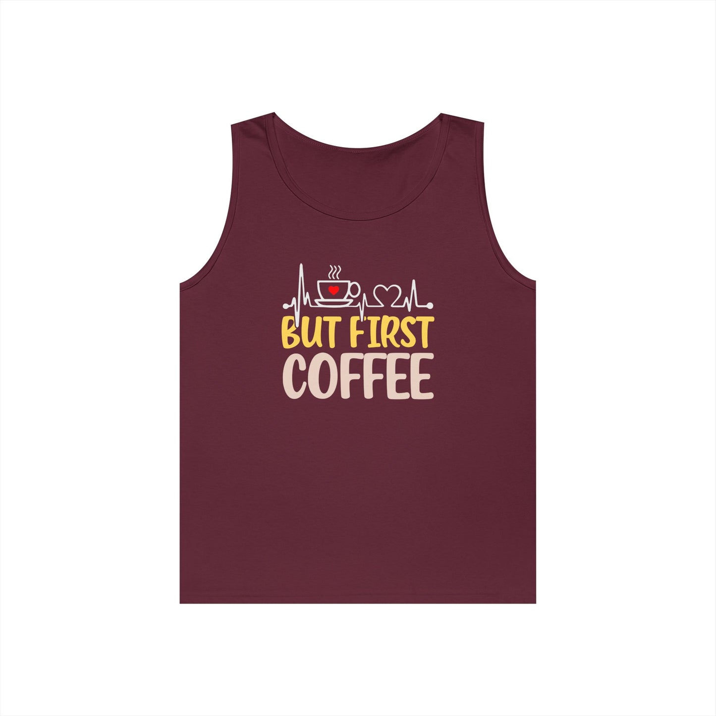 Unisex Heavy Cotton Tank Top - 'But First Coffee' Graphic Tee