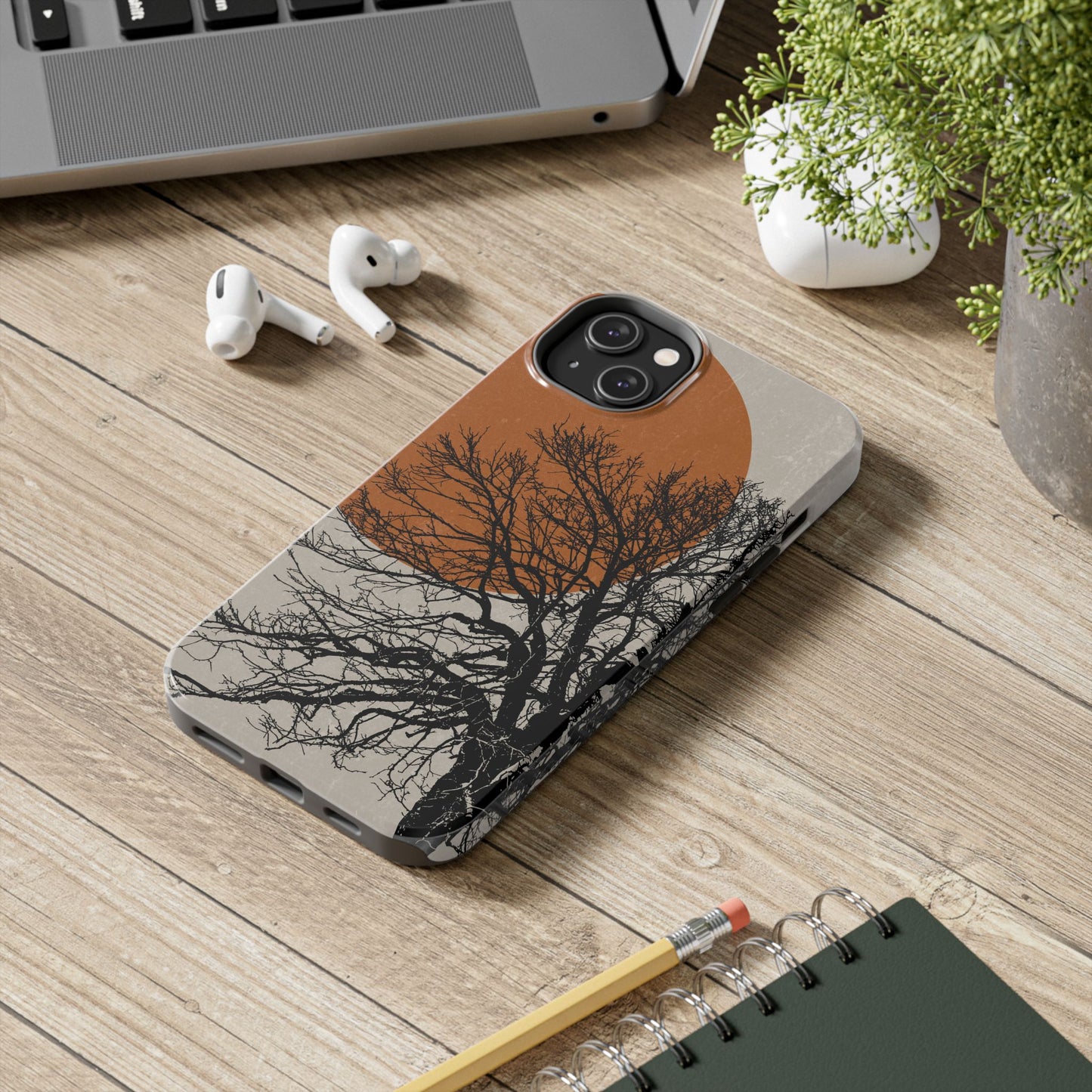 Artistic Tough Phone Case with Tree and Sunset Design