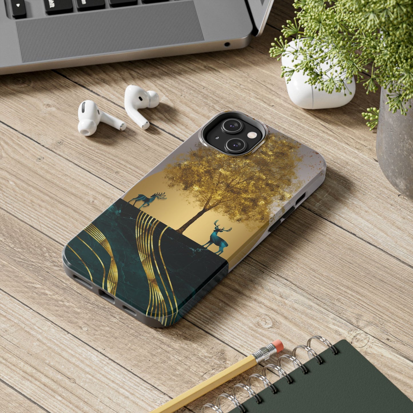Elegant Wilderness Tough Phone Case - Golden Tree & Deer Design