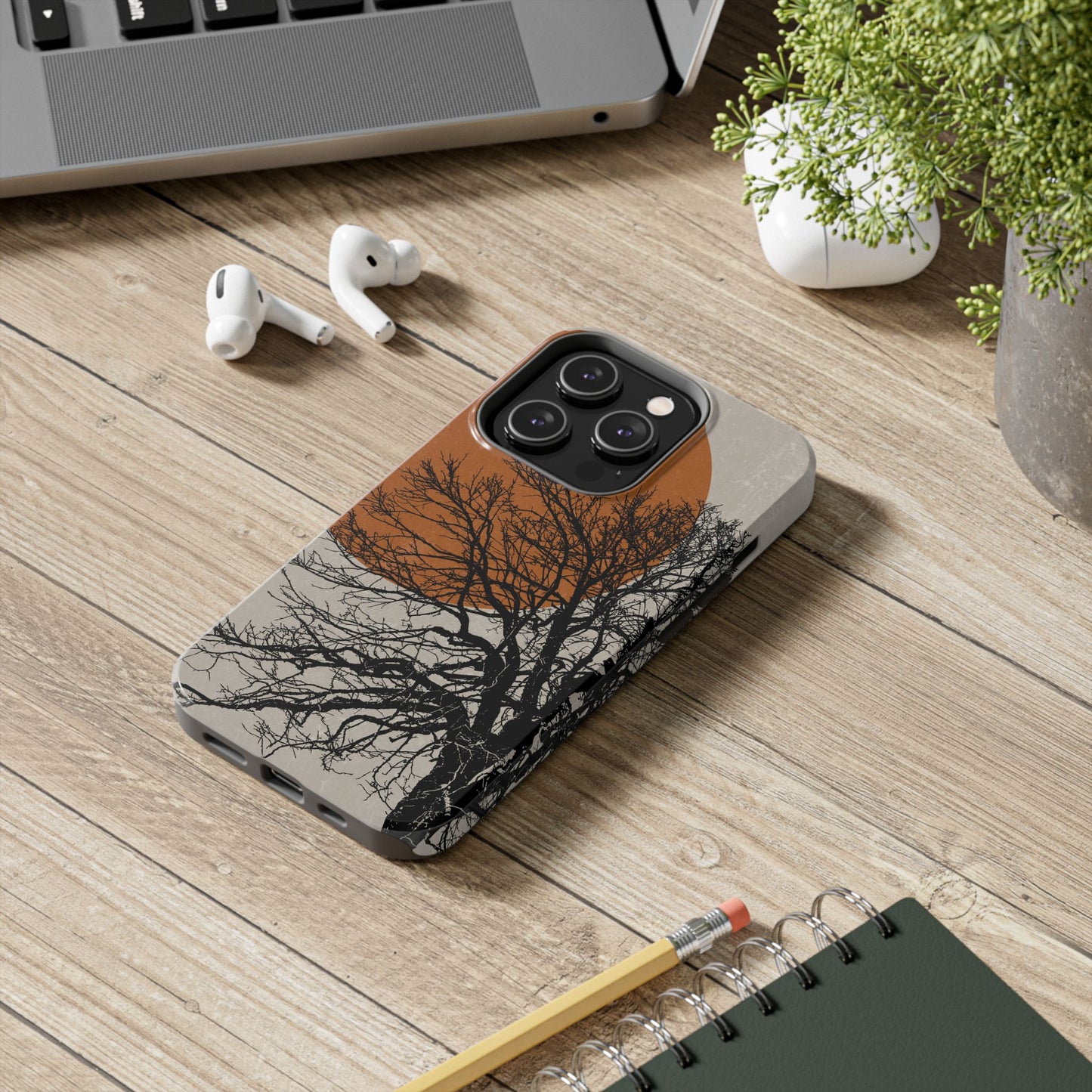 Artistic Tough Phone Case with Tree and Sunset Design