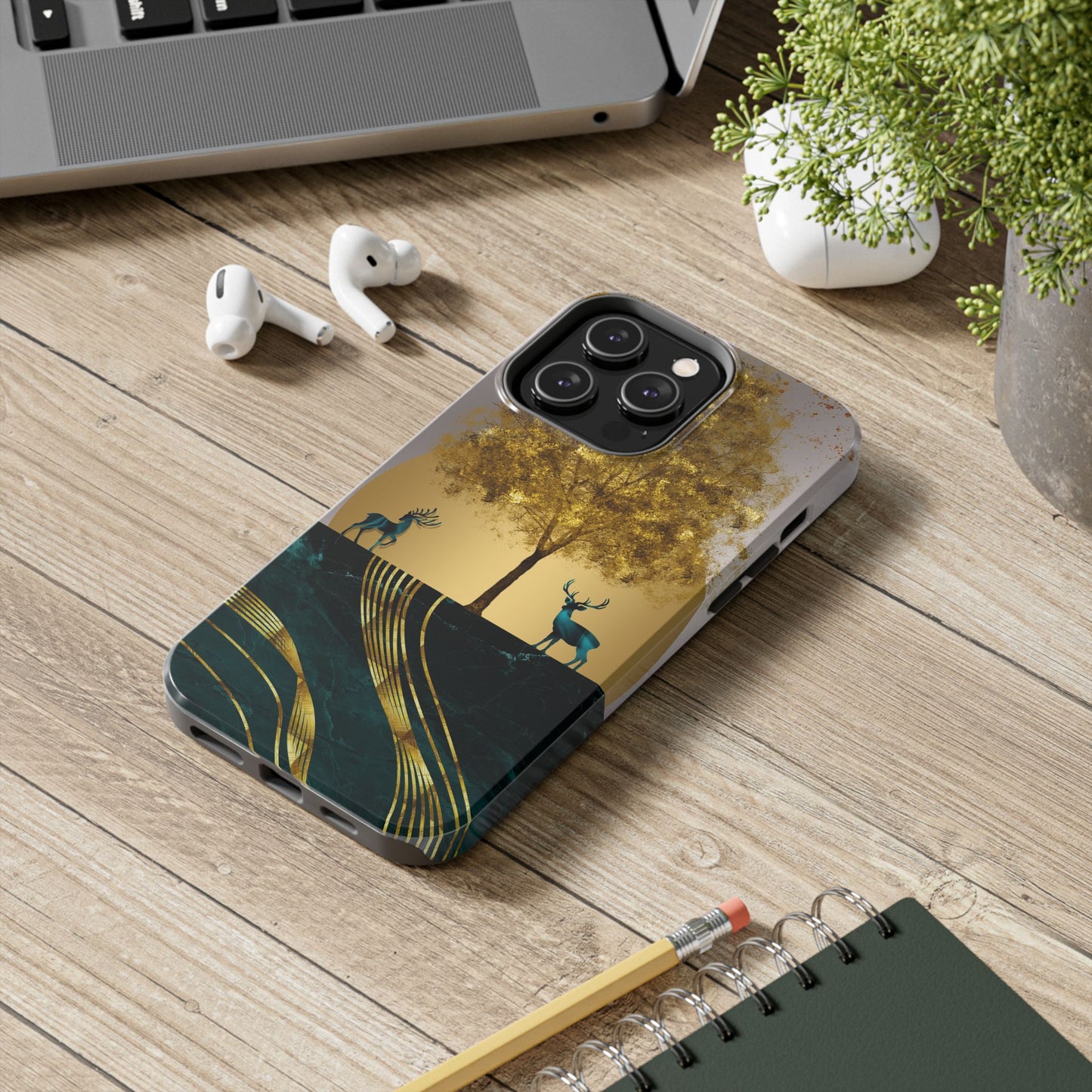 Elegant Wilderness Tough Phone Case - Golden Tree & Deer Design