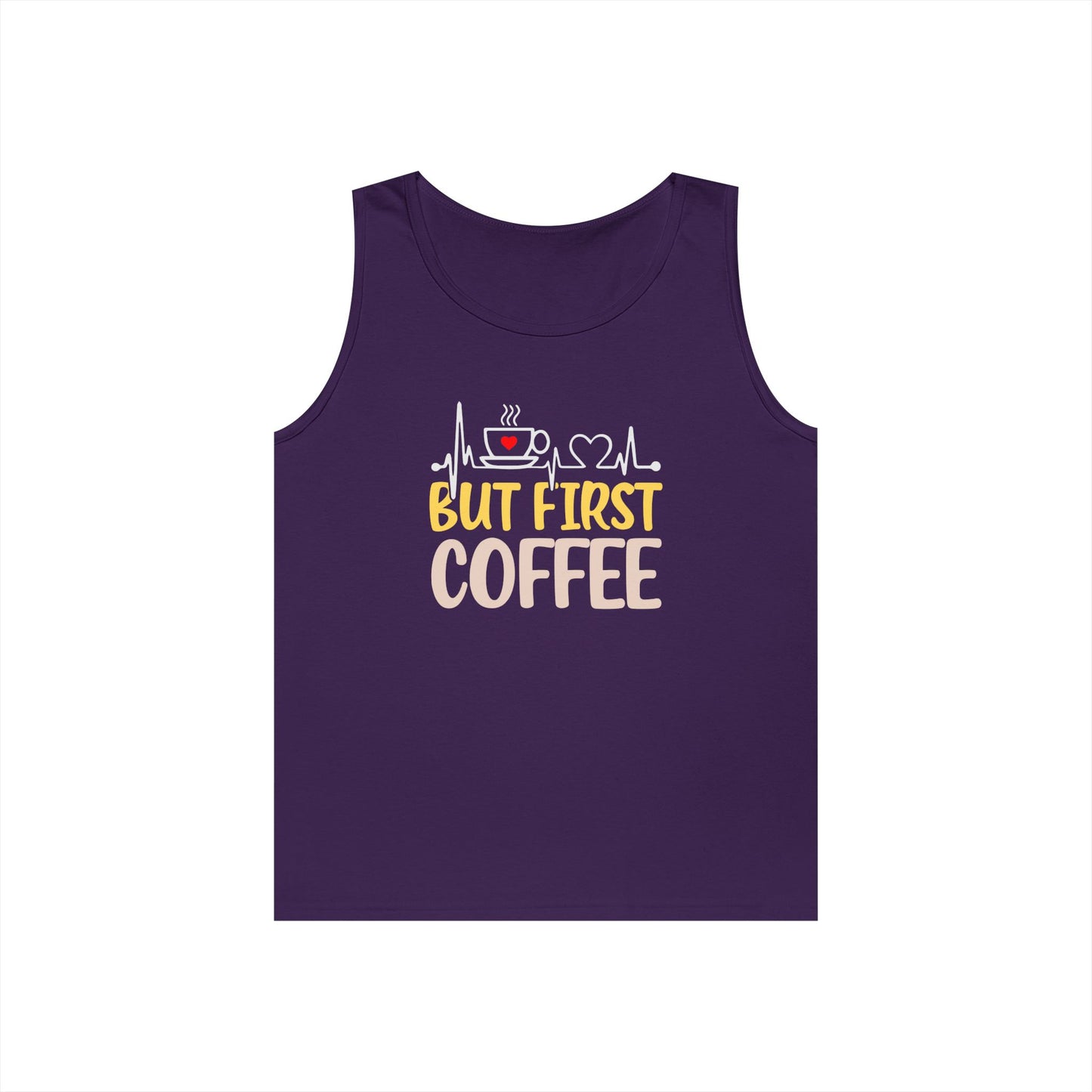 Unisex Heavy Cotton Tank Top - 'But First Coffee' Graphic Tee