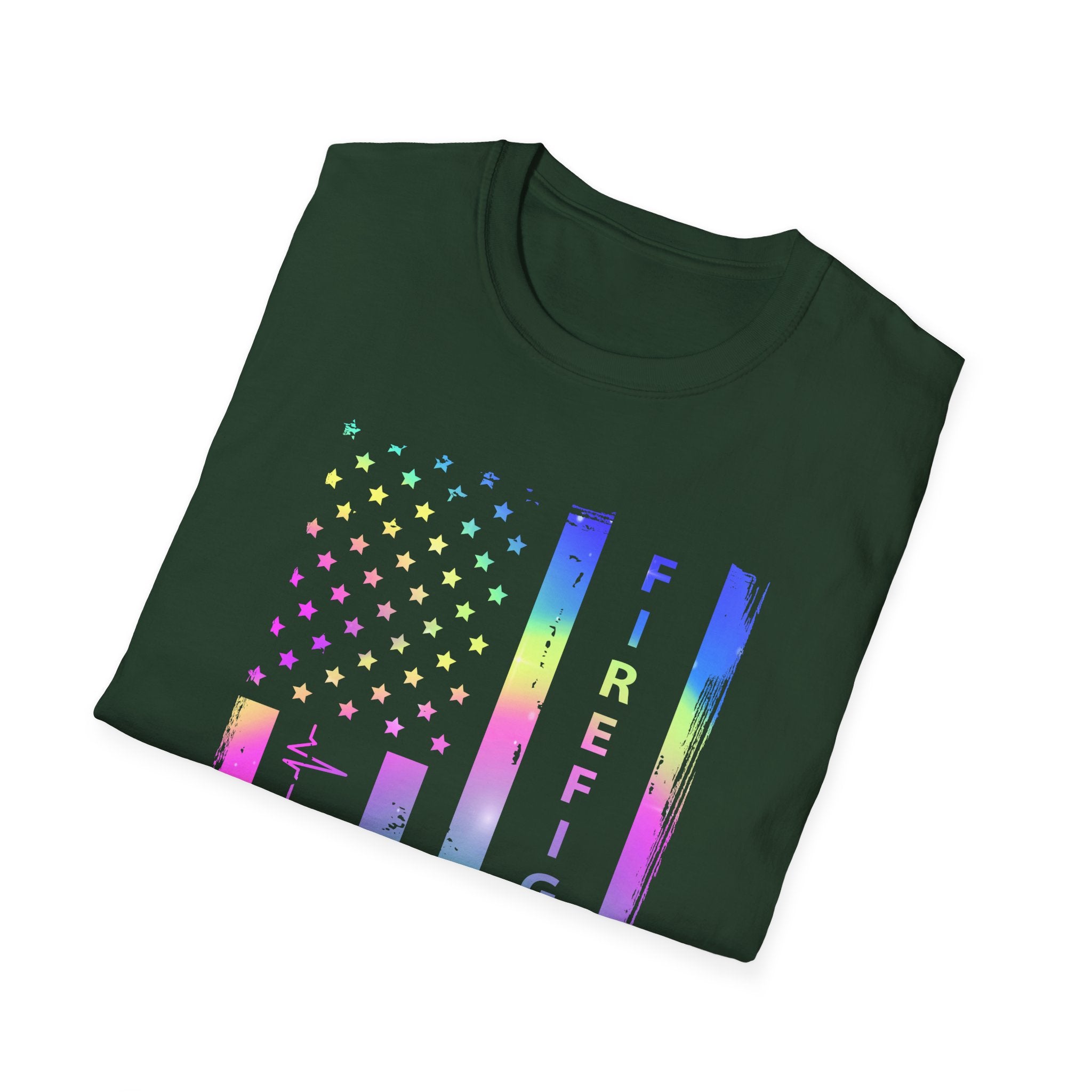 Pride Firefighter Unisex Softstyle T-Shirt - Colorful American Flag Design