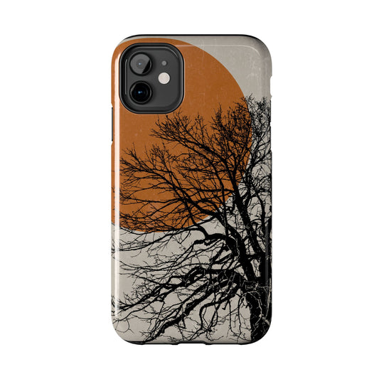 Artistic Tough Phone Case with Tree and Sunset Design