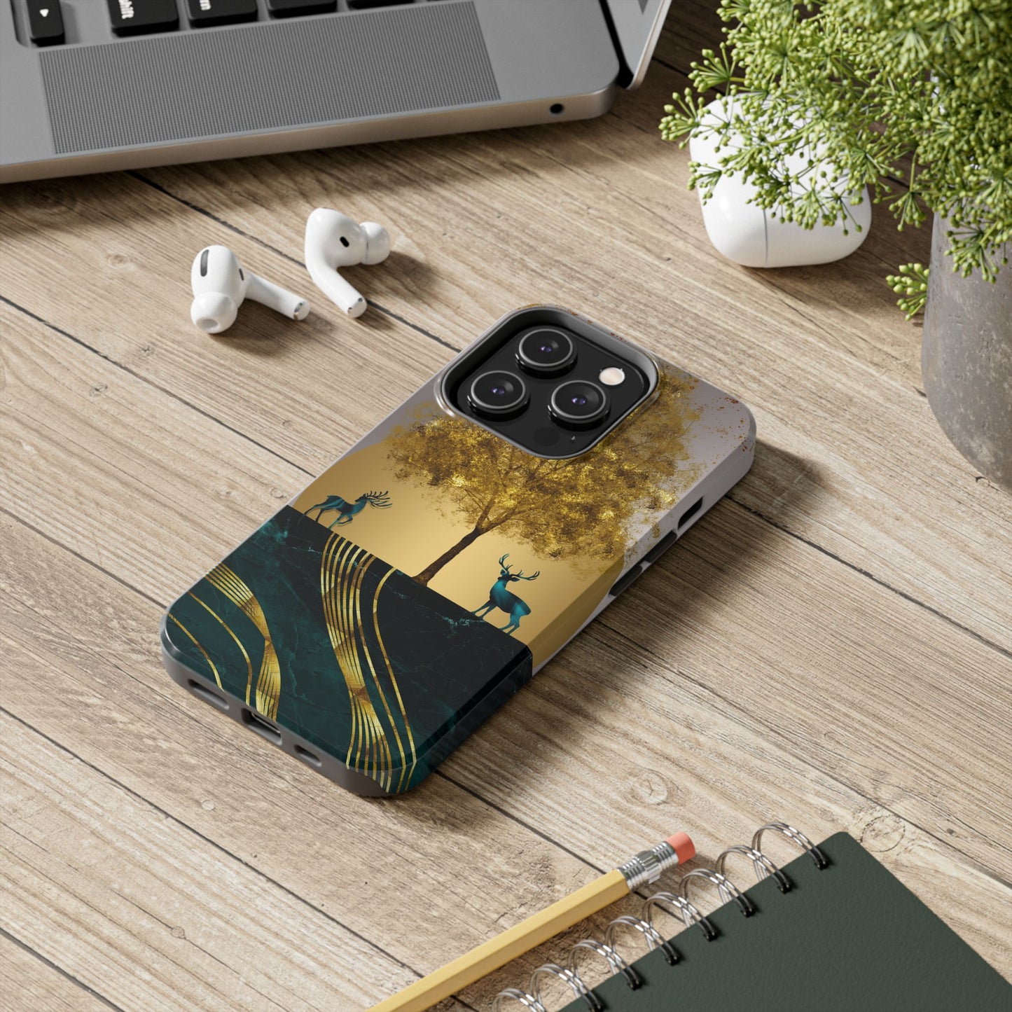 Elegant Wilderness Tough Phone Case - Golden Tree & Deer Design