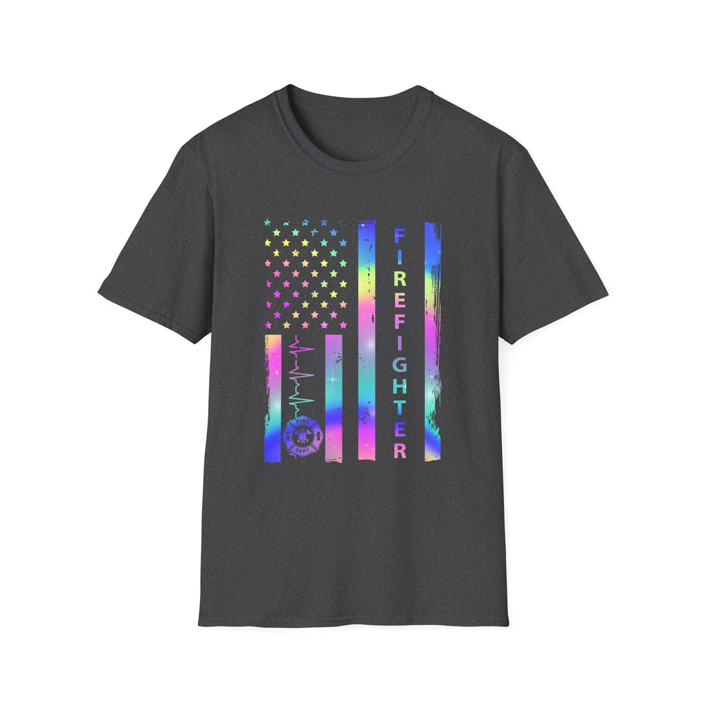 Pride Firefighter Unisex Softstyle T-Shirt - Colorful American Flag Design