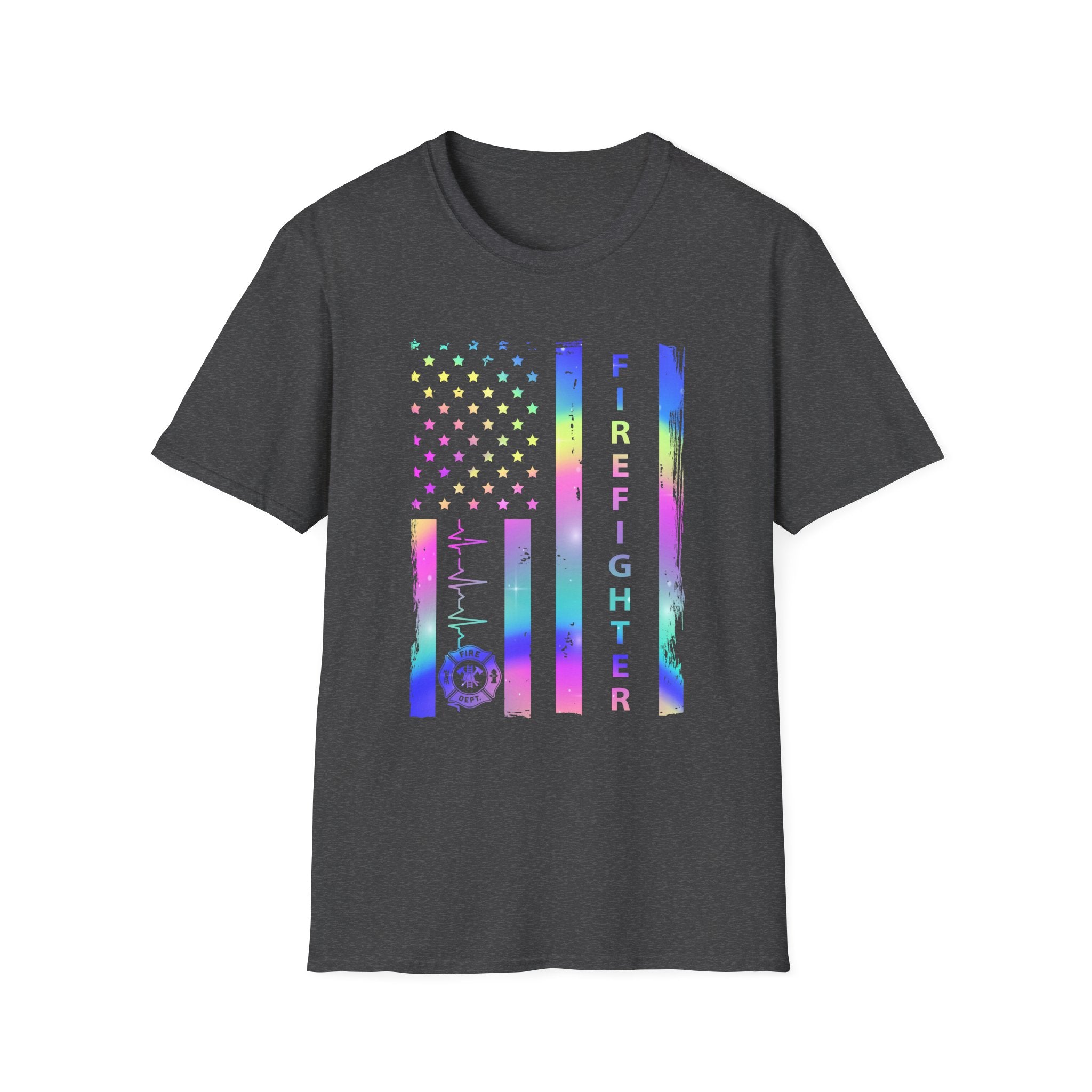 Pride Firefighter Unisex Softstyle T-Shirt - Colorful American Flag Design