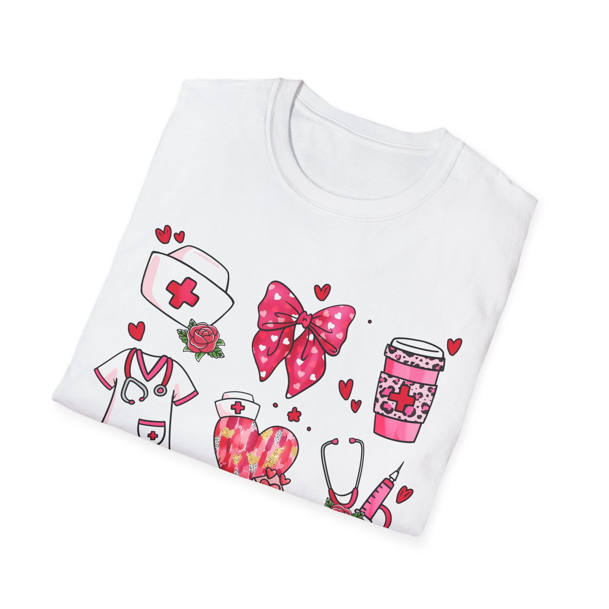 Nurse Love Unisex Softstyle T-Shirt - Heart & Bow Design for Healthcare Professionals