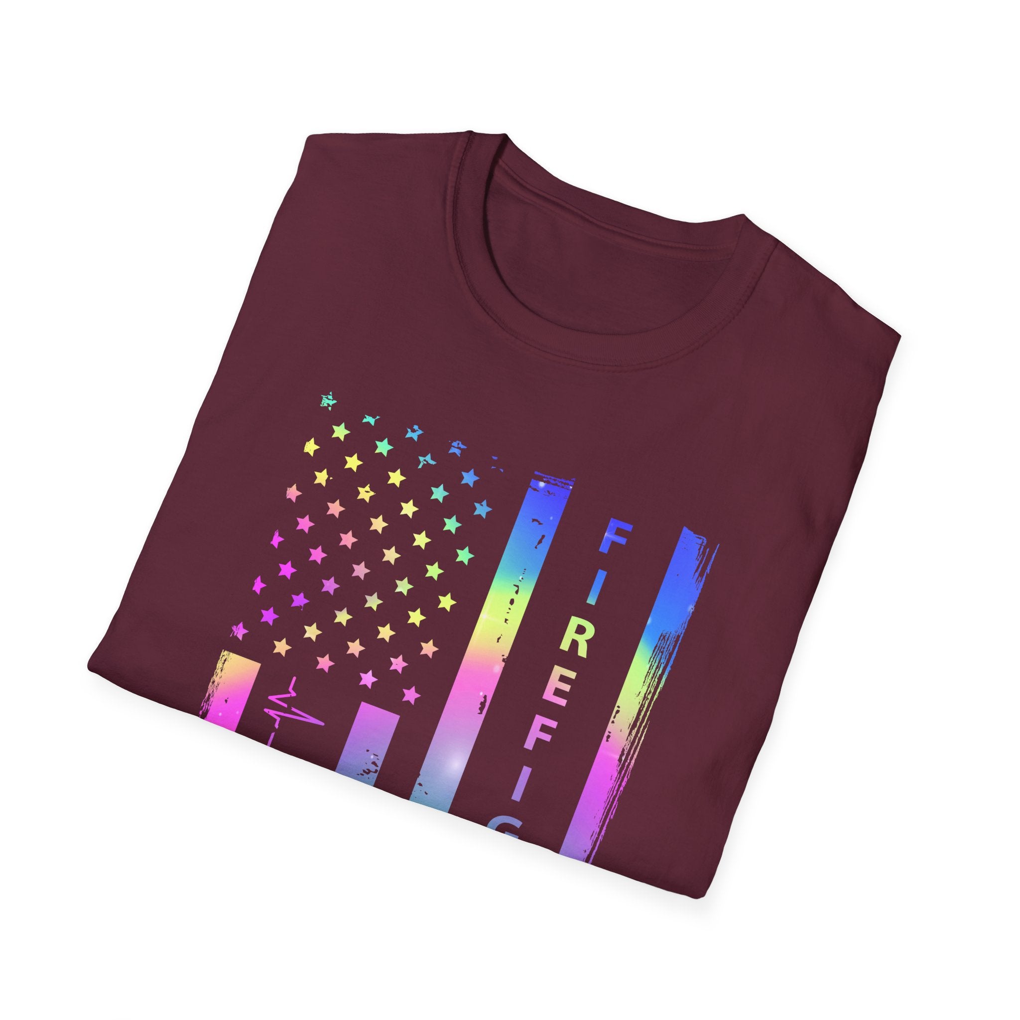 Pride Firefighter Unisex Softstyle T-Shirt - Colorful American Flag Design