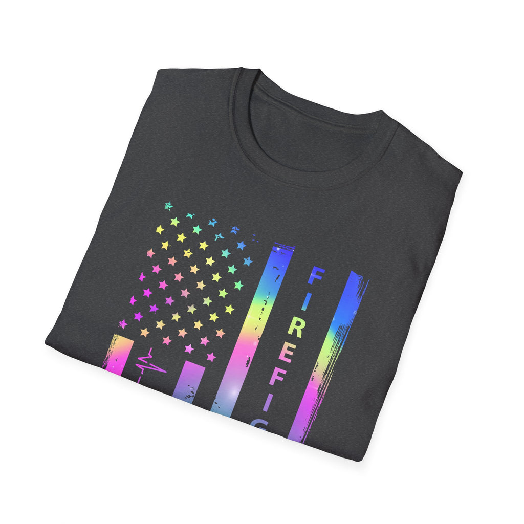 Pride Firefighter Unisex Softstyle T-Shirt - Colorful American Flag Design