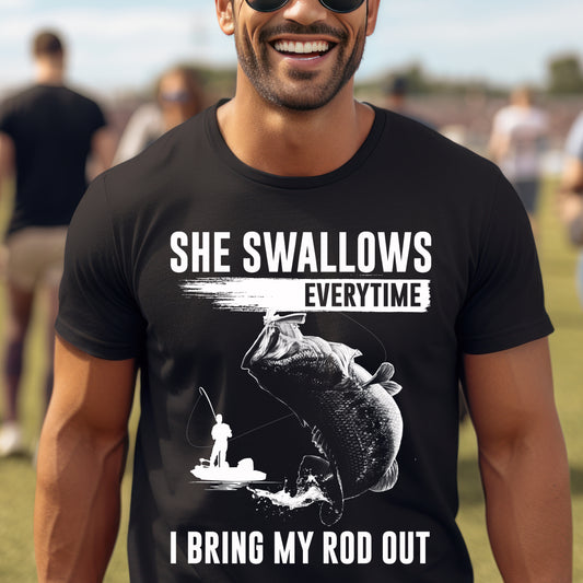 Funny Fishing T-Shirt - "She Swallows Every Time" Unisex Softstyle Tee