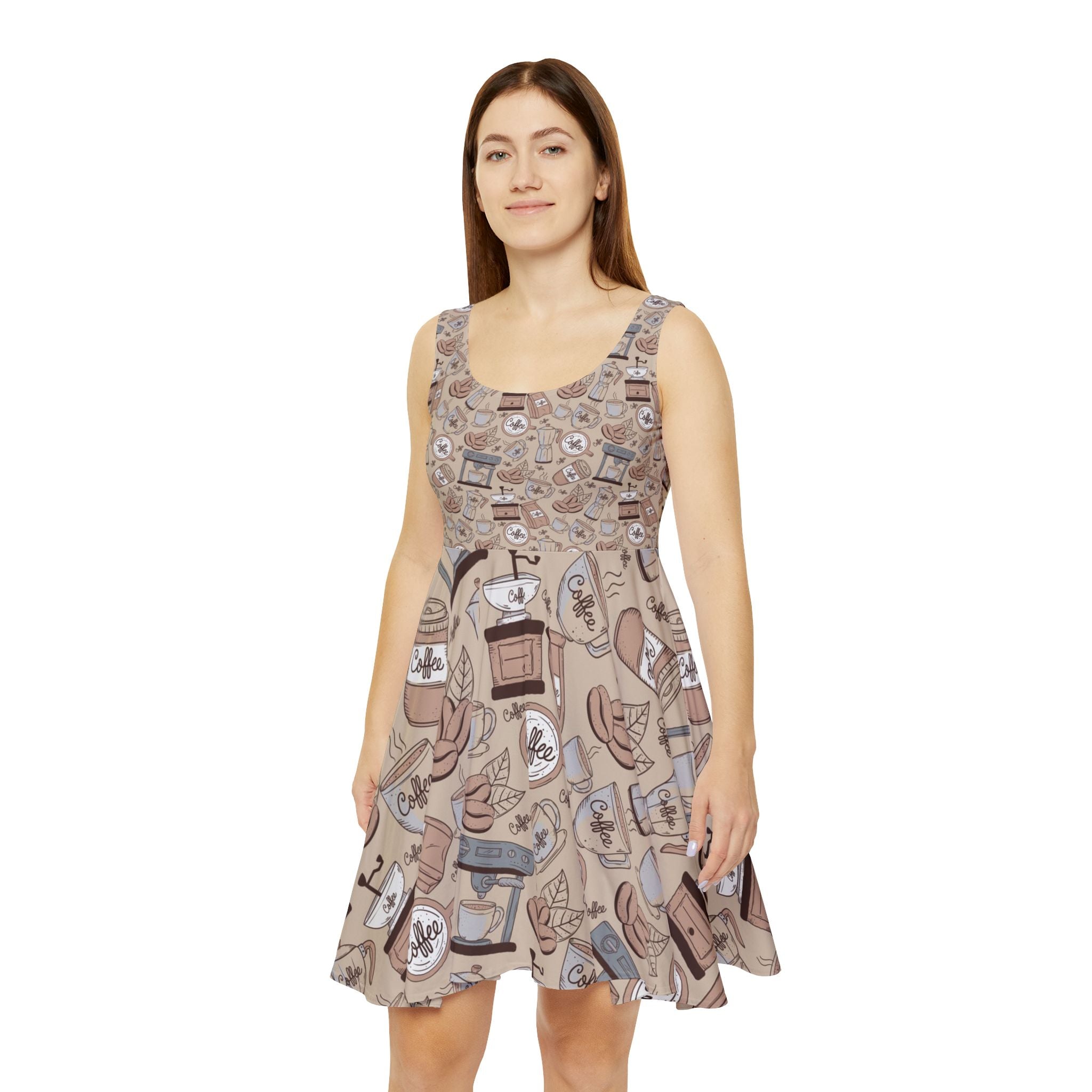 Coffee Lovers Skater Dress - Cute & Casual Floral Print Dress for Coffee Enthusiasts