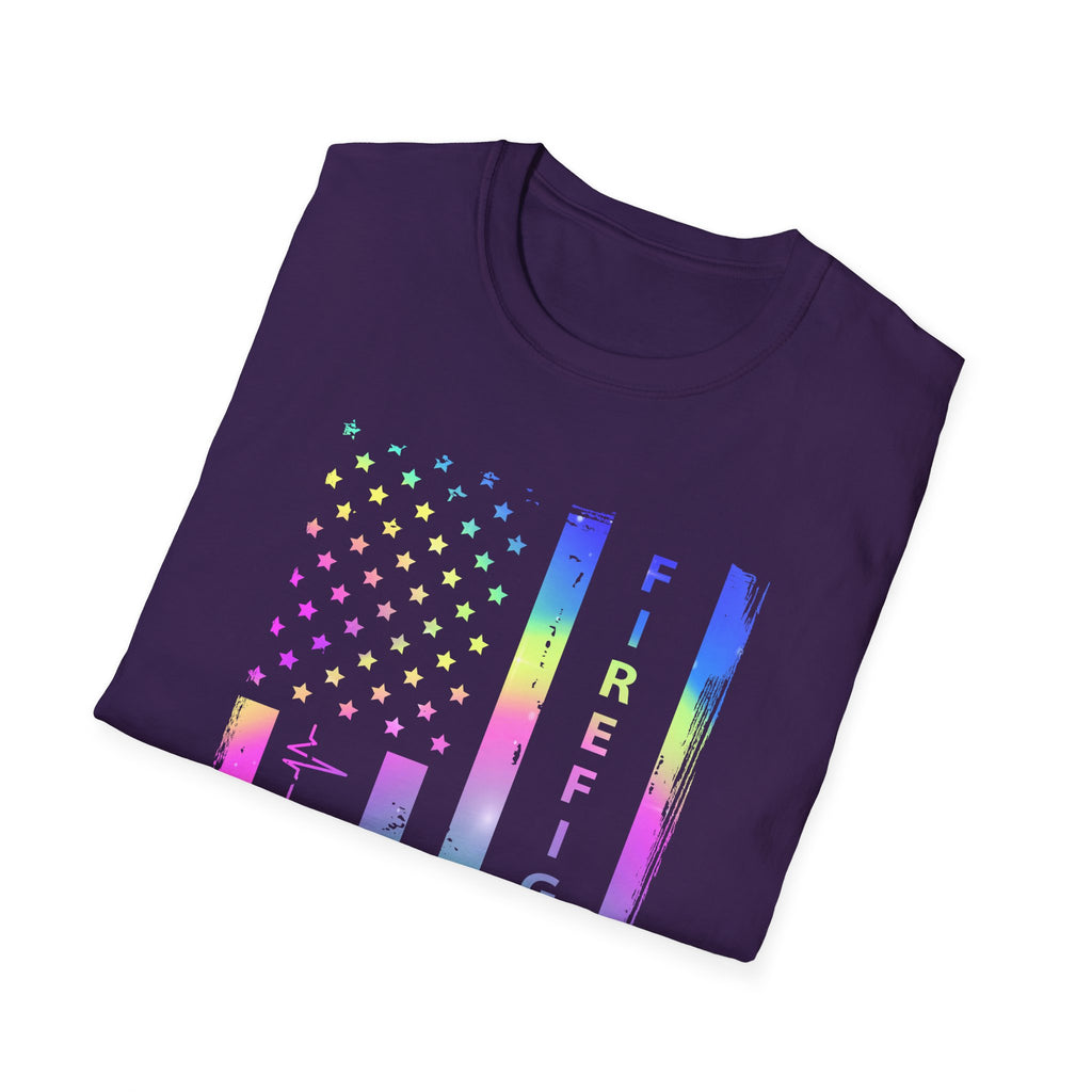 Pride Firefighter Unisex Softstyle T-Shirt - Colorful American Flag Design
