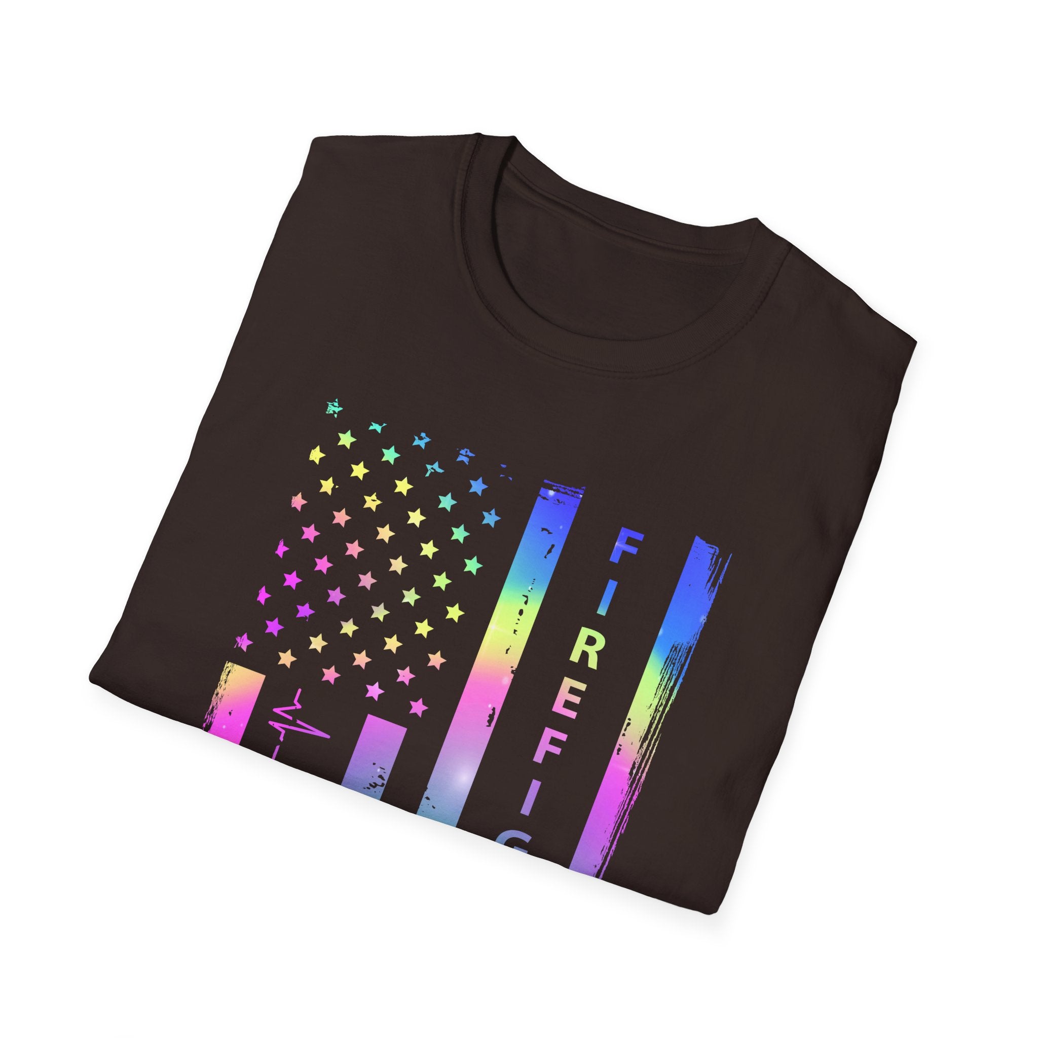 Pride Firefighter Unisex Softstyle T-Shirt - Colorful American Flag Design