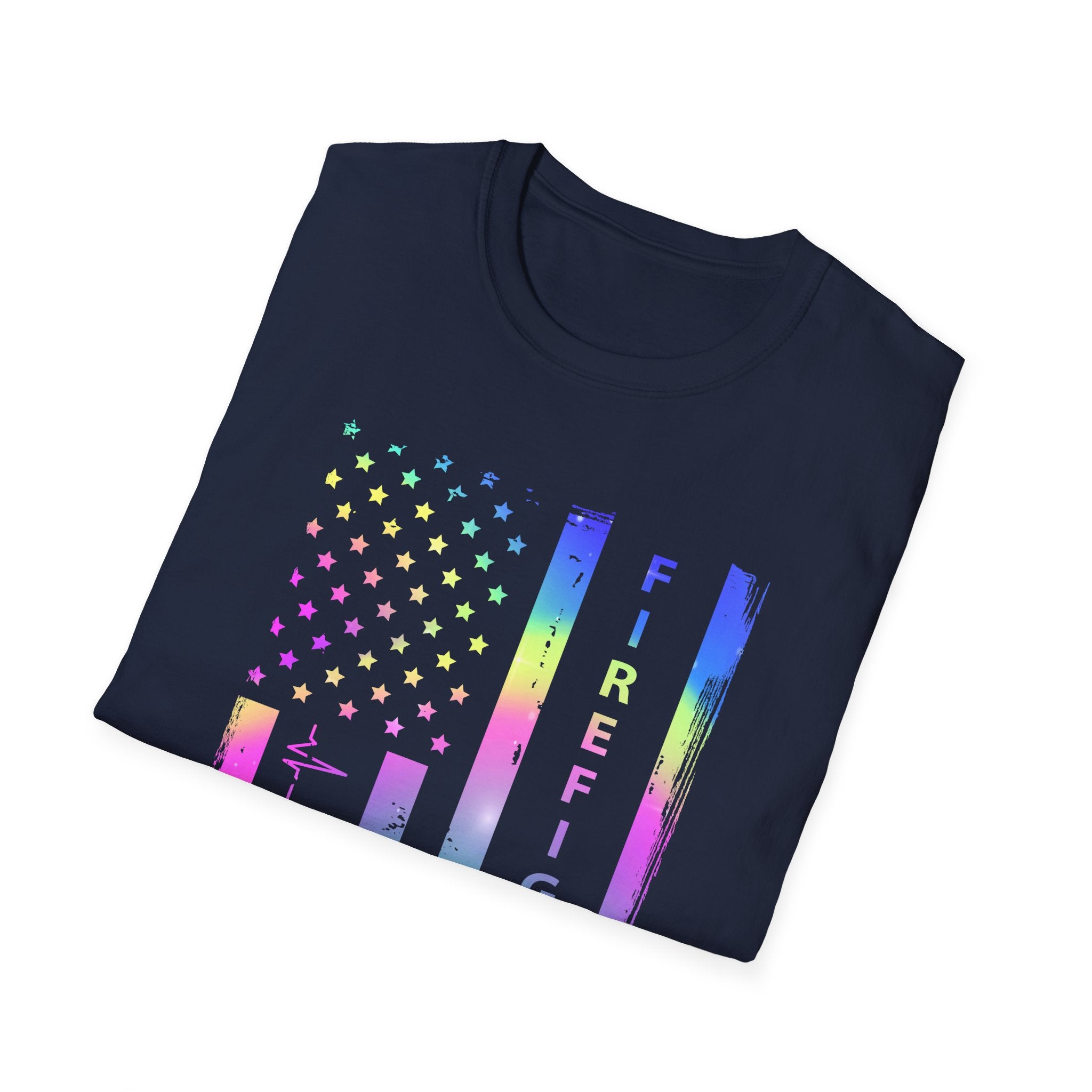 Pride Firefighter Unisex Softstyle T-Shirt - Colorful American Flag Design