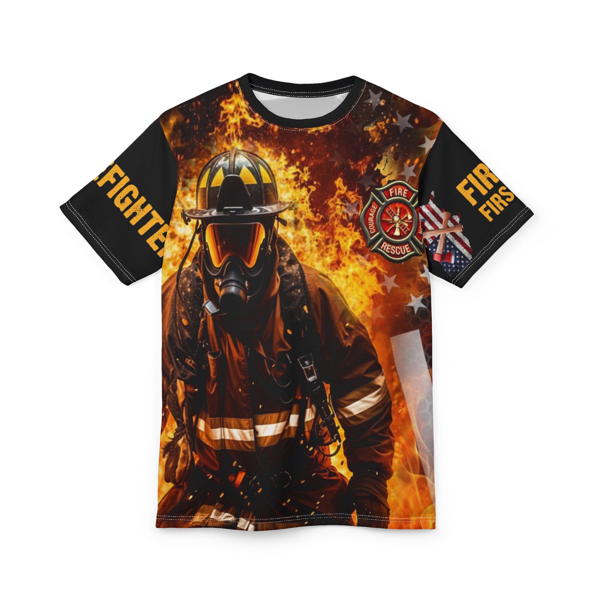 Firefighter Hero Unisex Tee, AOP Graphic T-Shirt for Firefighters, Firefighter Apparel, First Responder Gift, Firefighter Tribute Top